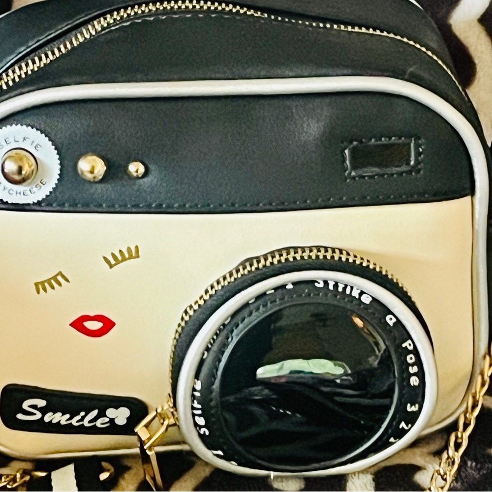 Fun and Unique Black and Cream Camera Design Crossbody Bag